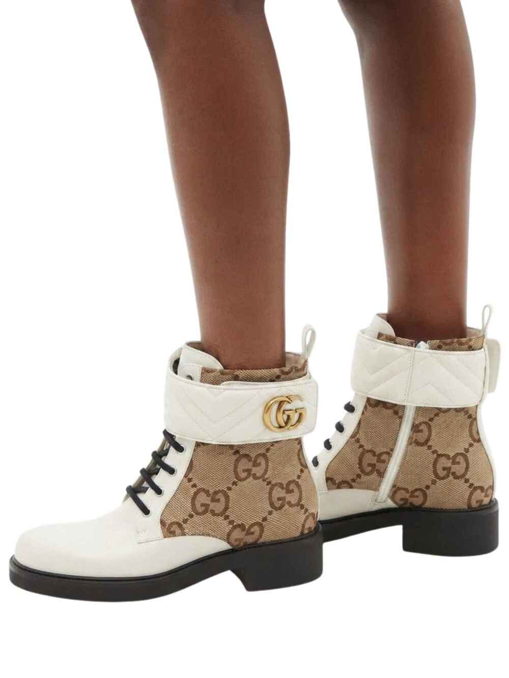 Gucci GG Marmont Leather Canvas Logo Plaque Combat Ankle Boots Women's Size 38.5